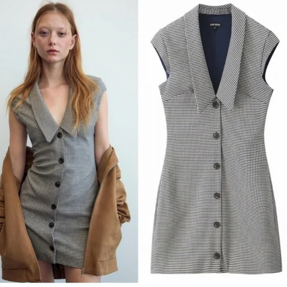 Zara NWT navy and brown mini houndstooth checkered lapel collar dress - Picture 3 of 9